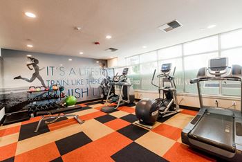 a gym with cardio machines and weights on a checkered floor